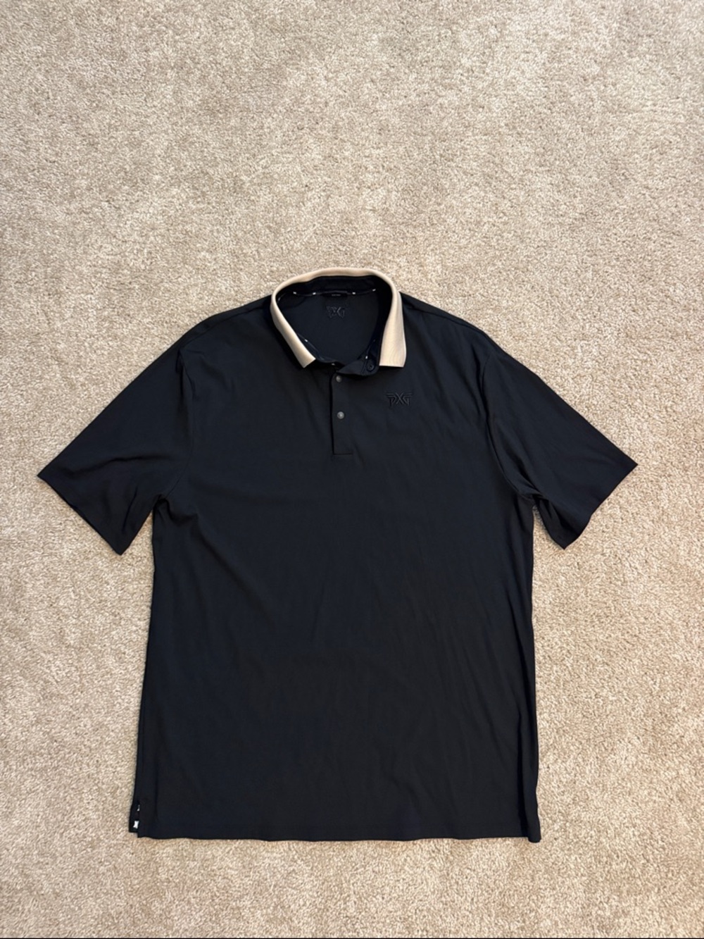 PXG Black Golf Polo with Beige Contrast Collar